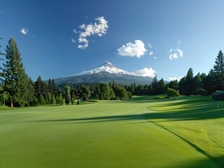 Obraz premium A scenic view of a golf course with a majestic mountain in the background, suitable for travel or outdoor adventure stock photos