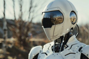 White humanoid robot is standing outside with nature reflecting in its visor