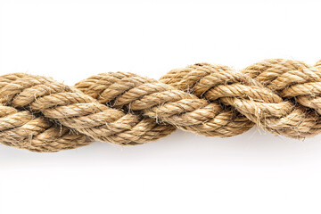 A close-up of a thick, twisted rope against a white background highlighting the texture and strength of the material