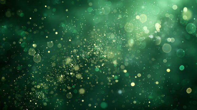 Fototapeta Dark green abstract background with a bokeh circle and shiny stars. New year, birthday, holidays celebration.