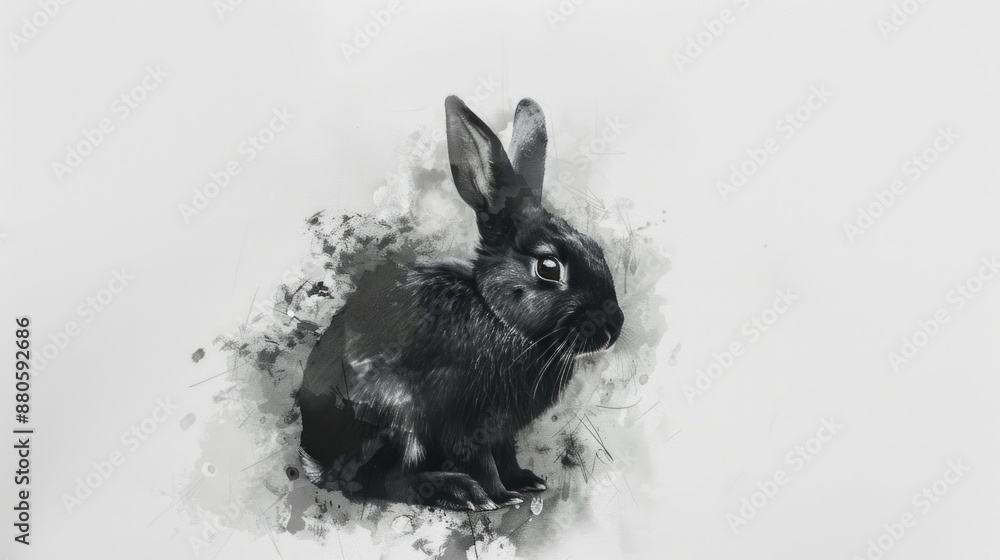 Poster a close-up photograph of a rabbit in a simple background, taken in monochrome