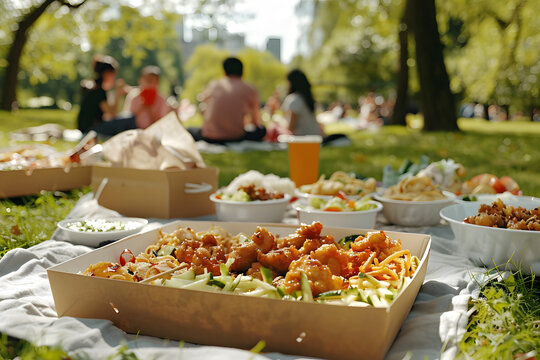 Outdoor picnic with various takeout dishes and people in the background