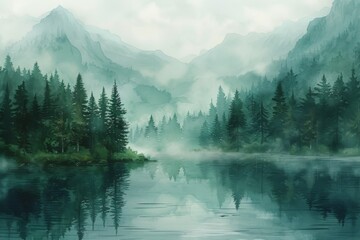 Beautiful landscape watercolor illustration, silhouette of forest and lake on background of mountains