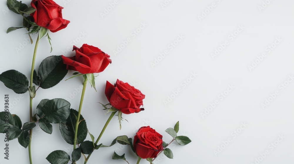 Poster red roses on white surface viewed from above with available space for text isolated with clipping pa