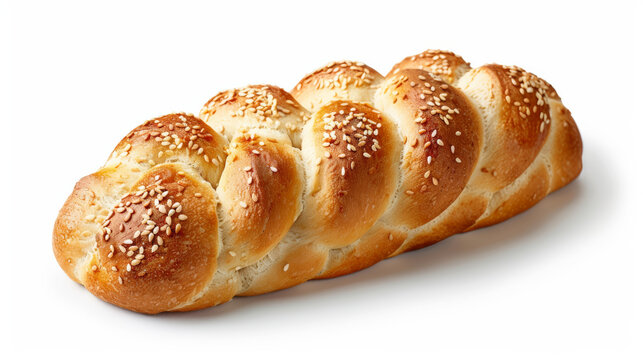 '' closeup of challah bread with a golden crust and sesame seeds isolated on a white background 