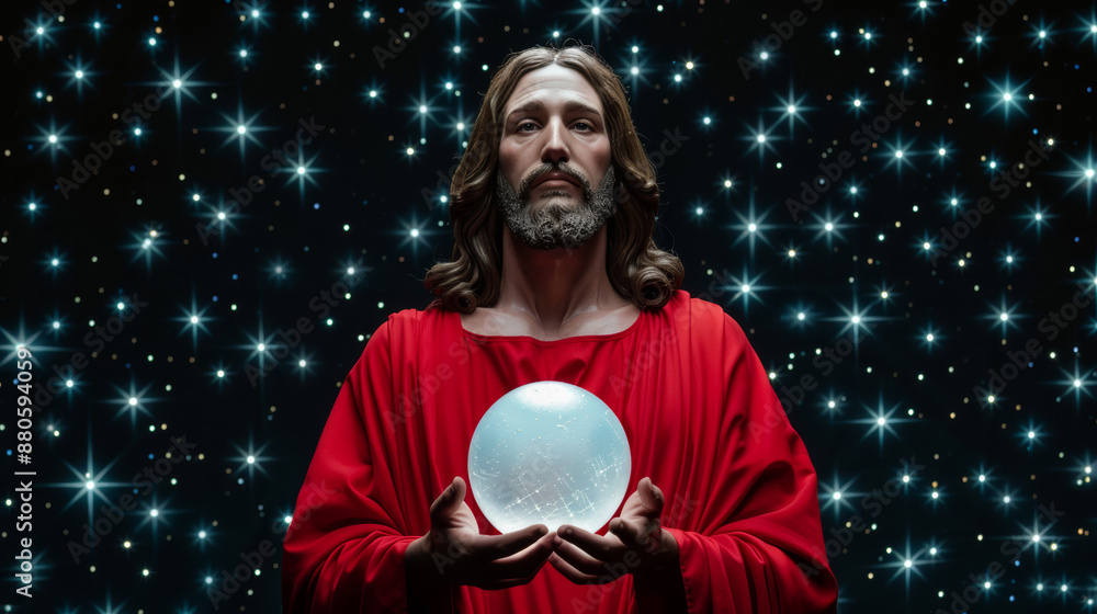 Poster '' Jesus Christ holding a glowing orb surrounded by stars and celestial light 