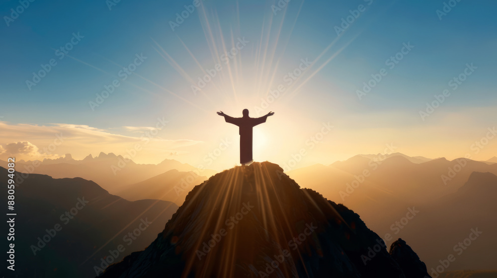 Sticker '' Jesus Christ with outstretched arms standing on a mountaintop with a radiant light 