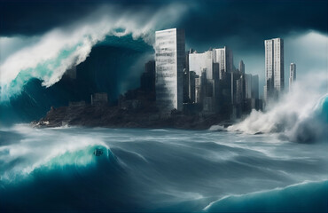 A huge tsunami wave covers the coastal city with modern skyscrapers. tsunami hit the seaside. A modern city facing the disastrous huge tsunami wave covering hi res buildings. 