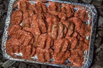Raw Meat Patties on Aluminum Foil Tray