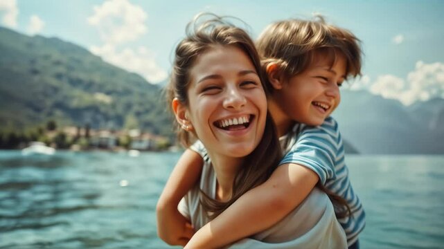 Mother and child on beach, happy family