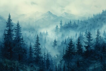 Beautiful landscape watercolor illustration, silhouette of forest on background of mountains