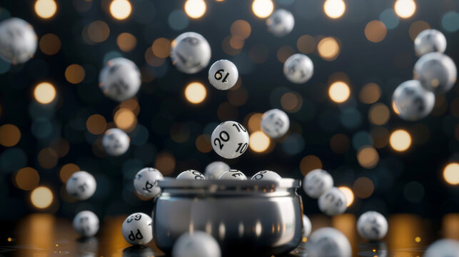 '' silhouette of a lottery drum with numbered balls being drawn against a dramatic stage background 