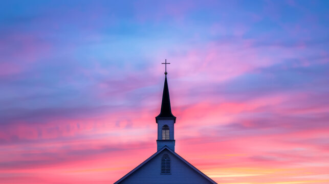 '' silhouette of a Protestant church steeple against a dramatic sunrise with vibrant colors 