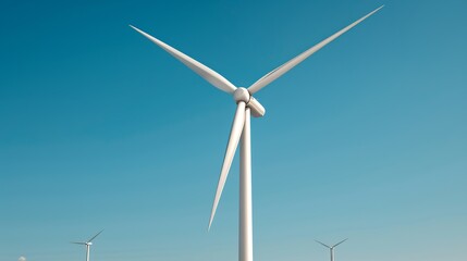 Fototapeta premium Visualizations of renewable energy sources like solar panels and wind turbines against a clear blue sky, symbolizing clean energy solutions. Illustration, Image, , Minimalism,