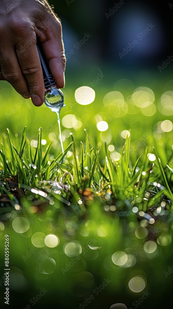 Poster a sprinkler is sprinkled with water on the grass.