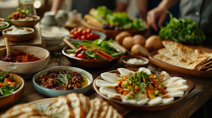 Obraz premium '' wide shot of a Passover Seder table with traditional foods and family gathered around 