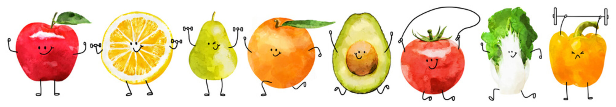 Fruit character watercolor png cut out element set