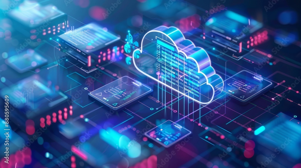 Poster modern cloud storage and computing setup: home devices including tablet and phone linked to online c