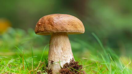 A close-up of a large king bolete mushroom with a thick stem and broad cap, showing its earthy brown colors 