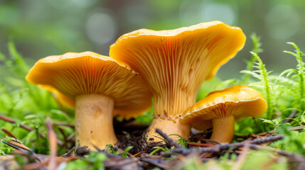 A close-up of golden chanterelle mushrooms with their wavy edges and rich, golden hues, resting on a forest floor 