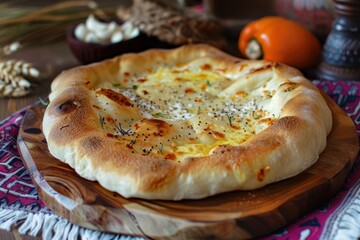 Round loaf of bread with cheese and herbs sitting on wooden board, fresh from the oven