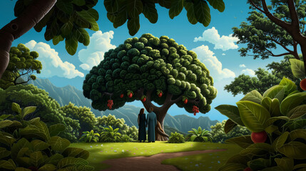 A lush garden with Adam and Eve standing under a large tree with hanging fruit, a serpent coiled around a branch 