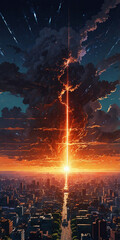 Obraz premium x-ray laser beam falling from the sky and destroying a city, hammer of dawn, satellite cannon to fight cosmic horrors and dysphoric locust organic life, project excalibur, pillars of creation, meteori
