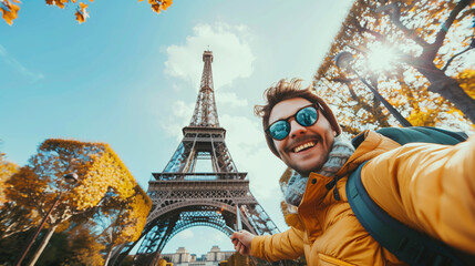 Fototapeta premium person in front of the eiffel tower taking a selfie
