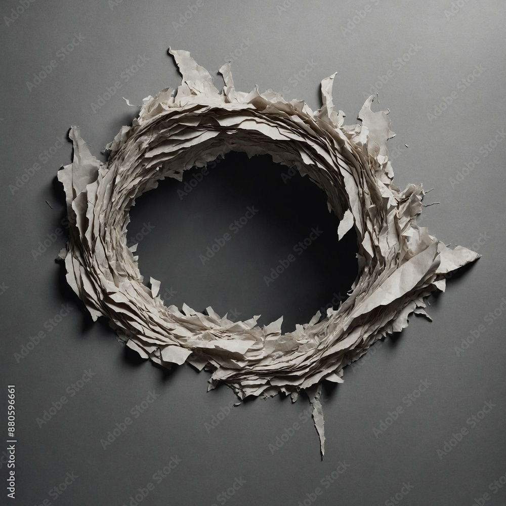 Poster circular hole punctures stack of papers, creating textured edge as layers fan outwards, resembling g