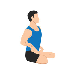 Man doing Bound lotus or baddha padmasana exercise. Flat vector illustration isolated on white background