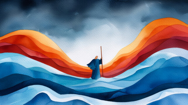 a watercolor depiction of the parting of the Red Sea, dramatic waves, Moses raising his staff, vibrant blues and reds, dynamic scene 