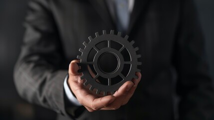 Businessman holding gear. Teamwork business concept