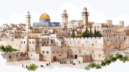 Fototapeta premium a wide-angle view of Jerusalem in biblical times, watercolor effect, city walls, temples, vibrant market activity, rich historic atmosphere 
