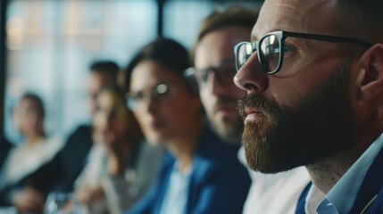 Obraz premium A person with a beard and glasses leading a meeting with others, great for corporate or professional settings