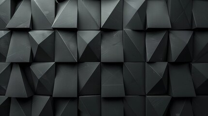 Fototapeta premium Polished wall background with triangular tile wallpaper featuring 3d black blocks for modern architectural and interior design concepts