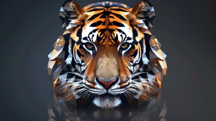 Futuristic abstract polygonal tiger head with geometric patterns and high-tech digital background in modern style