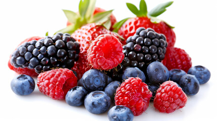 assortment of berries including blueberries, strawberries, and raspberries, isolated on a white background, rich in antioxidants 