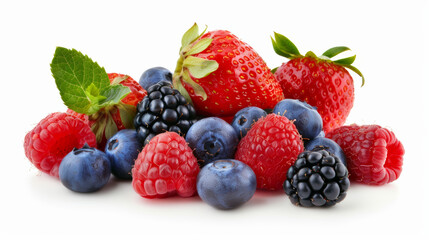 assortment of berries including blueberries, strawberries, and raspberries, isolated on a white background, rich in antioxidants 