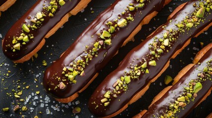 A close-up shot of chocolate covered hot dogs topped with pistachios, perfect for food photography or promotional materials