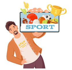 Man user advertising sport stream on smartphone vector illustration. Young blogger promoting e-sports mobile service , cybersport website