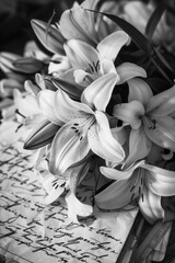 A bouquet of colorful flowers sits atop a sheet of paper