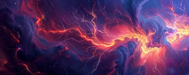 Abstract cosmic energy background with powerful lightning strikes illuminating swirling storm clouds in a mesmerizing display