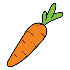 Hand drawn cartoon carrot with leaf on white background.
