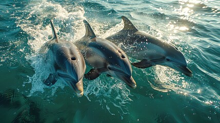 Obraz premium A group of playful dolphins, Illustrations, copy space for text, - Generative AI