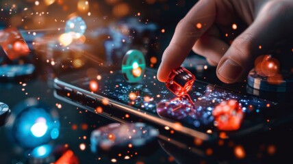 A hand is touching a cell phone that has a casino game on it. Mobile gambling concept
