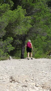 Mujer paseando a la perrita en camino del parque natural Sierra de Mariola, Alcoy, Espa&ntilde;a