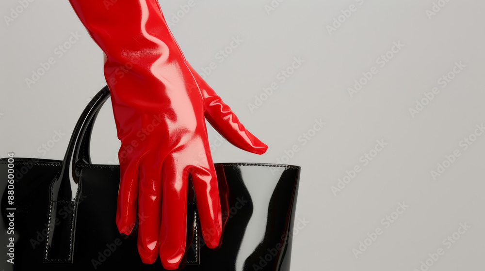 Poster closeup of glossy red latex gloves gripping a shiny black purse, set against a sleek white backgroun