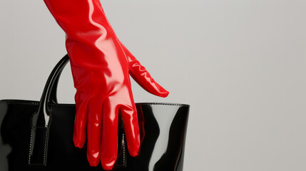 Closeup of glossy red latex gloves gripping a shiny black purse, set against a sleek white background with empty space for text 