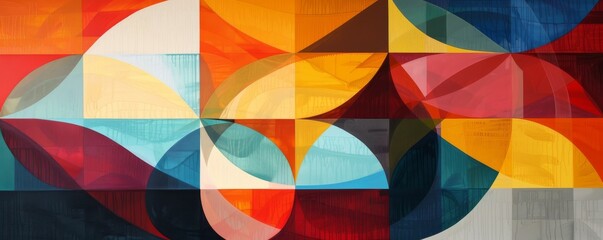 Colorful abstract geometric background is forming a pattern with semicircles and squares in orange, red, yellow, blue and white