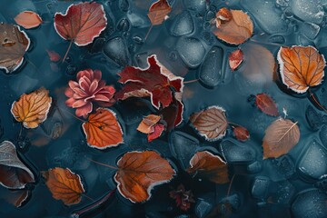 A collection of autumn leaves drifting on the surface of frozen water, often used for winter or fall themed designs